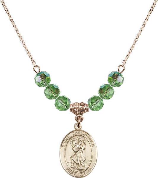 14kt Gold Filled Saint Christopher Birthstone Necklace with Peridot Beads - 8022