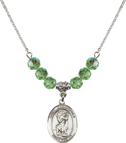 Sterling Silver Saint Christopher Birthstone Necklace with Peridot Beads - 8022