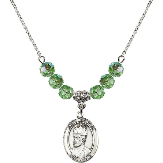 Sterling Silver Saint Edward the Confessor Birthstone Necklace with Peridot Beads - 8026
