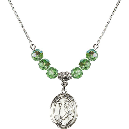 Sterling Silver Saint Dominic de Guzman Birthstone Necklace with Peridot Beads - 8030