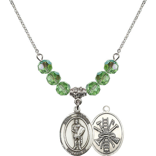 Sterling Silver Saint Florian/Firefighter Birthstone Necklace with Peridot Beads - 8034