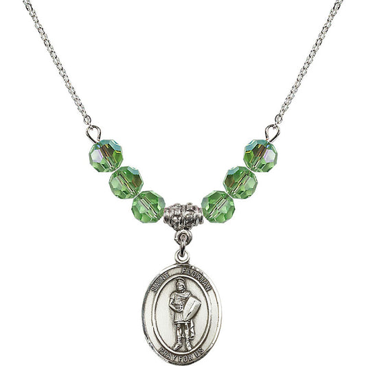 Sterling Silver Saint Florian Birthstone Necklace with Peridot Beads - 8034