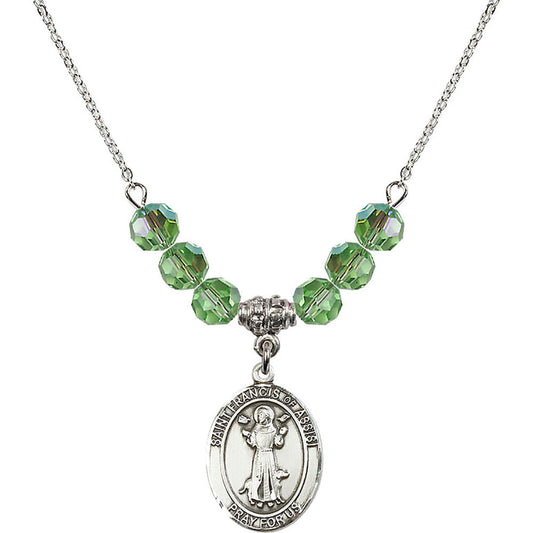 Sterling Silver Saint Francis of Assisi Birthstone Necklace with Peridot Beads - 8036