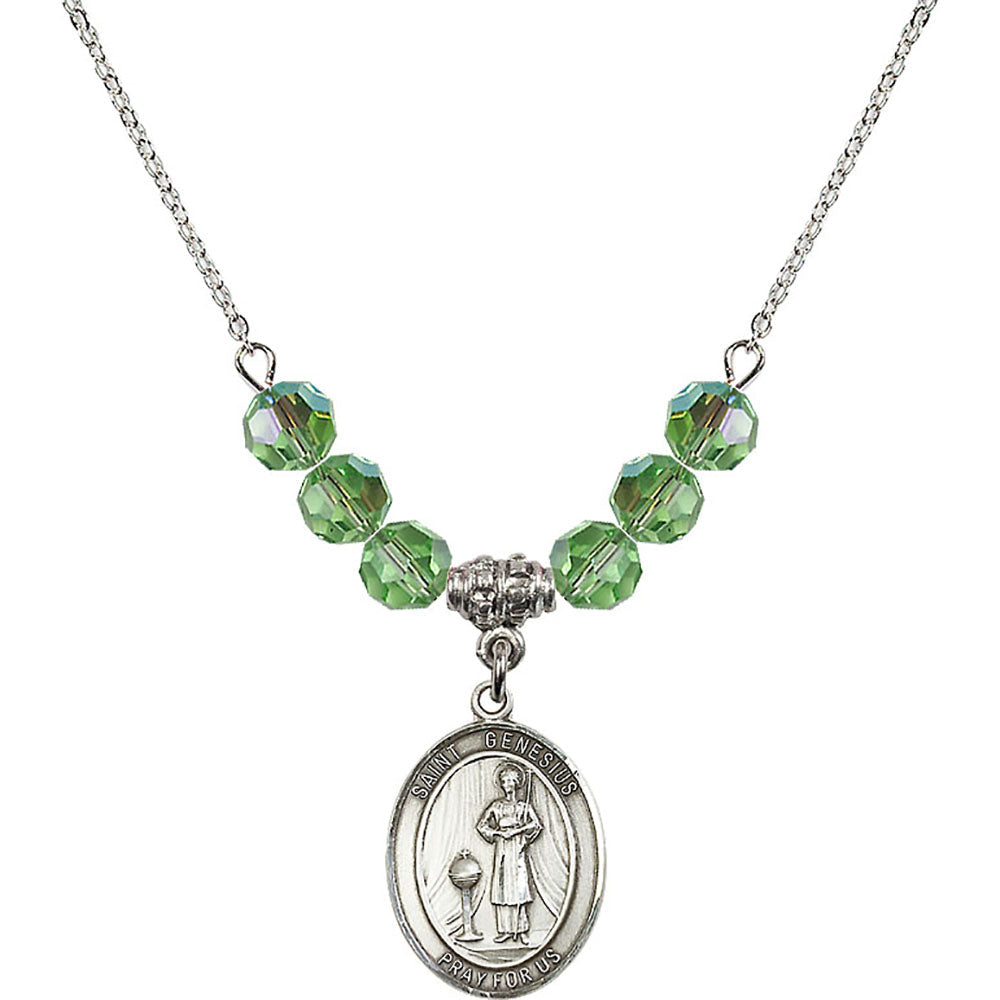 Sterling Silver Saint Genesius of Rome Birthstone Necklace with Peridot Beads - 8038