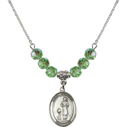 Sterling Silver Saint Genesius of Rome Birthstone Necklace with Peridot Beads - 8038