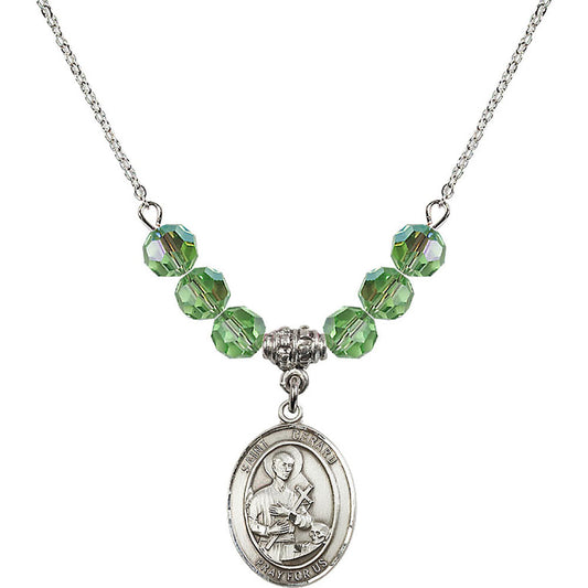 Sterling Silver Saint Gerard Majella Birthstone Necklace with Peridot Beads - 8042