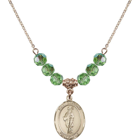 14kt Gold Filled Saint Gregory the Great Birthstone Necklace with Peridot Beads - 8048