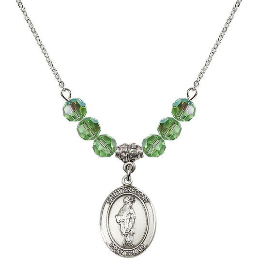 Sterling Silver Saint Gregory the Great Birthstone Necklace with Peridot Beads - 8048