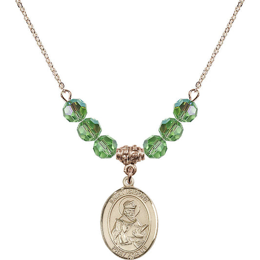 14kt Gold Filled Saint Isidore of Seville Birthstone Necklace with Peridot Beads - 8049
