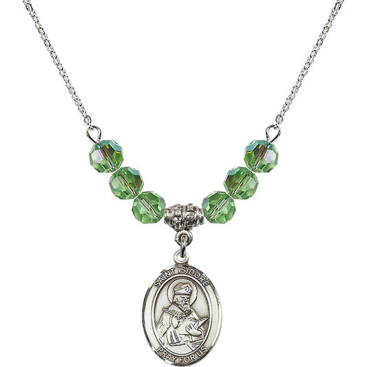 Sterling Silver Saint Isidore of Seville Birthstone Necklace with Peridot Beads - 8049