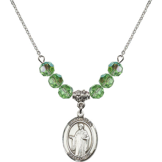 Sterling Silver Saint Justin Birthstone Necklace with Peridot Beads - 8052
