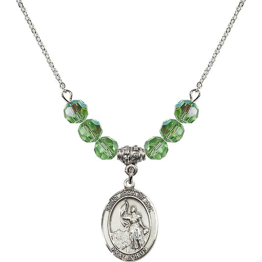 Sterling Silver Saint Joan of Arc Birthstone Necklace with Peridot Beads - 8053
