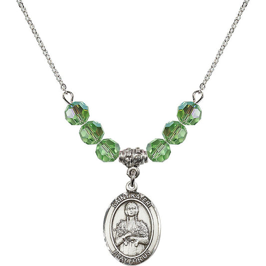 Sterling Silver Saint Kateri Tekakwitha Birthstone Necklace with Peridot Beads - 8061