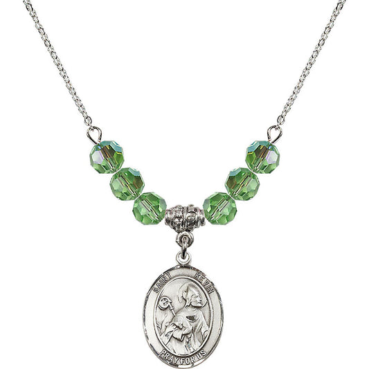 Sterling Silver Saint Kevin Birthstone Necklace with Peridot Beads - 8062