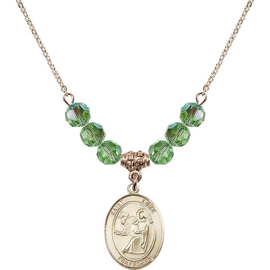 14kt Gold Filled Saint Luke the Apostle Birthstone Necklace with Peridot Beads - 8068