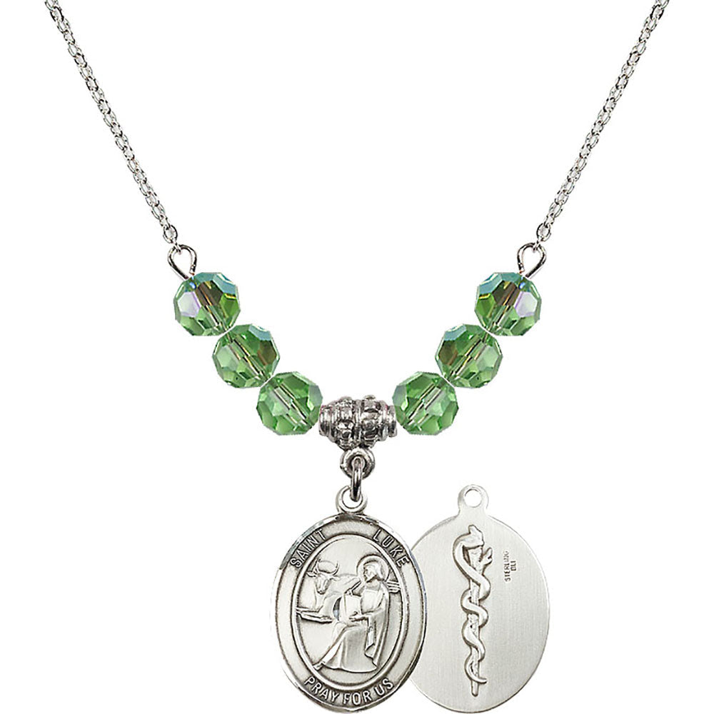 Sterling Silver Saint Luke the Apostle / Doctor Birthstone Necklace with Peridot Beads - 8068