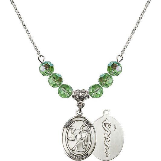 Sterling Silver Saint Luke the Apostle / Doctor Birthstone Necklace with Peridot Beads - 8068