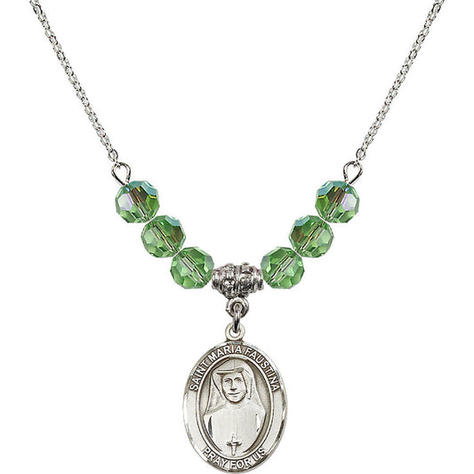 Sterling Silver Saint Maria Faustina Birthstone Necklace with Peridot Beads - 8069