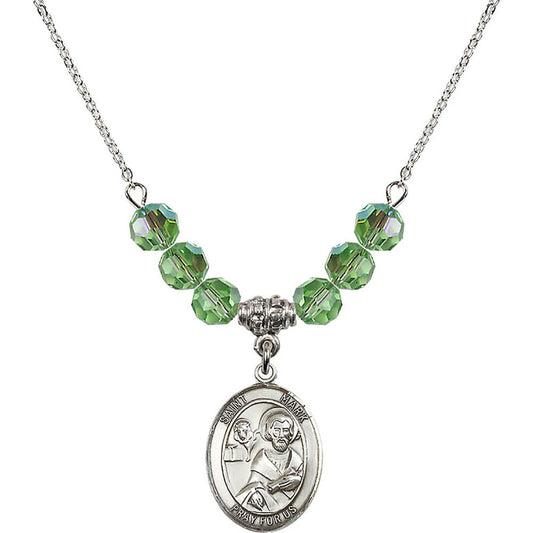 Sterling Silver Saint Mark the Evangelist Birthstone Necklace with Peridot Beads - 8070