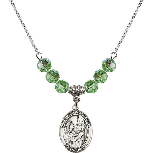 Sterling Silver Saint Mary Magdalene Birthstone Necklace with Peridot Beads - 8071