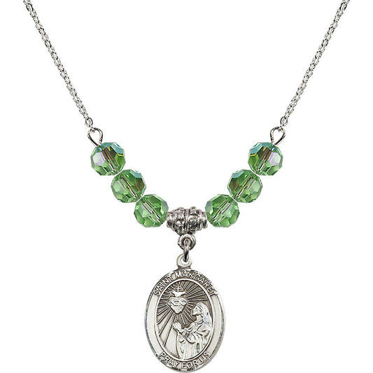 Sterling Silver Saint Margaret Mary Alacoque Birthstone Necklace with Peridot Beads - 8072