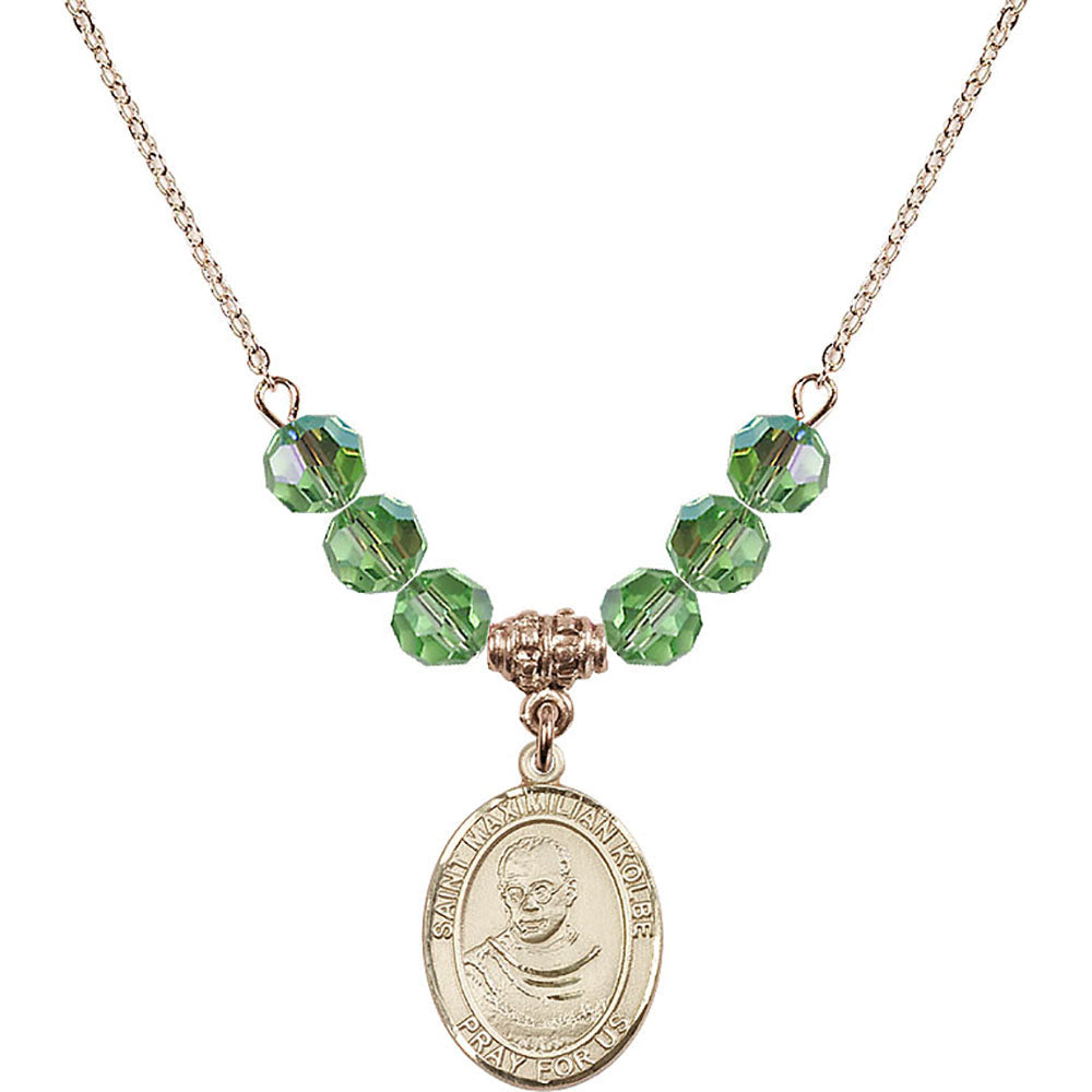 14kt Gold Filled Saint Maximilian Kolbe Birthstone Necklace with Peridot Beads - 8073