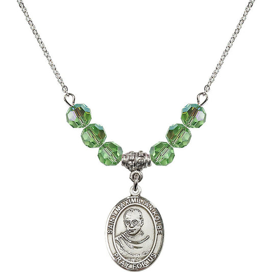 Sterling Silver Saint Maximilian Kolbe Birthstone Necklace with Peridot Beads - 8073