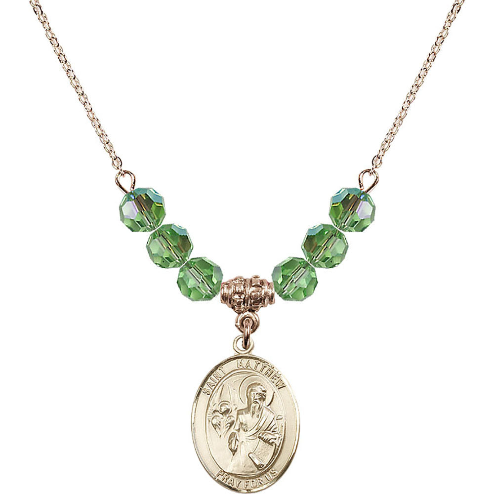14kt Gold Filled Saint Matthew the Apostle Birthstone Necklace with Peridot Beads - 8074