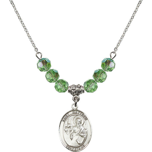 Sterling Silver Saint Matthew the Apostle Birthstone Necklace with Peridot Beads - 8074