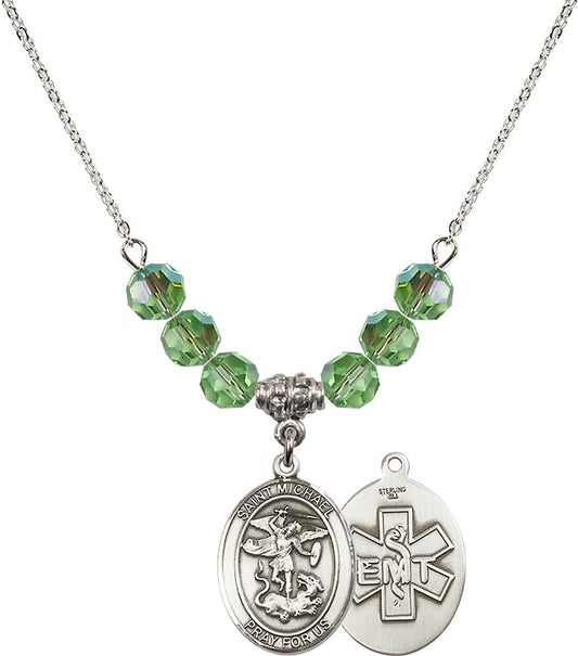 Sterling Silver Saint Michael / EMT Birthstone Necklace with Peridot Beads - 8076