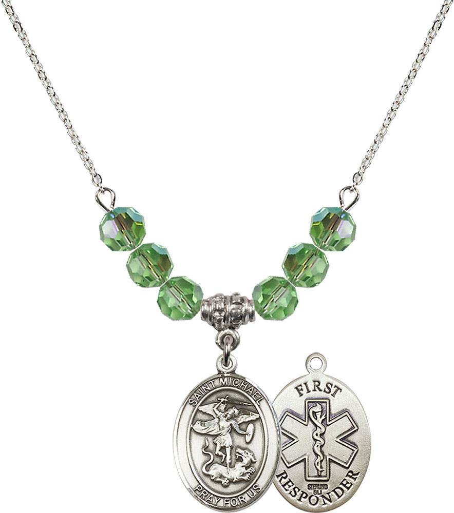 Sterling Silver Saint Michael/1St Responder Birthstone Necklace with Peridot Beads - 8076