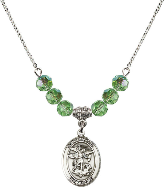 Sterling Silver Saint Michael the Archangel Birthstone Necklace with Peridot Beads - 8076