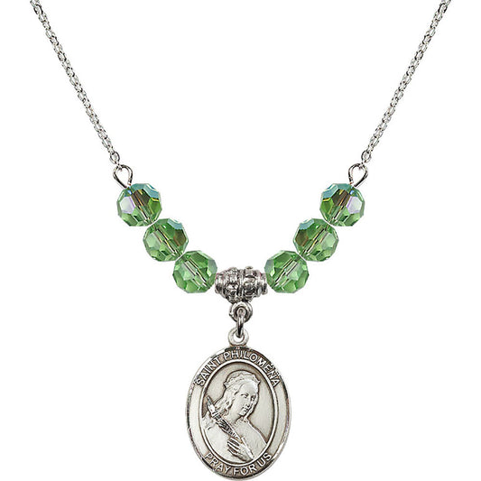 Sterling Silver Saint Philomena Birthstone Necklace with Peridot Beads - 8077
