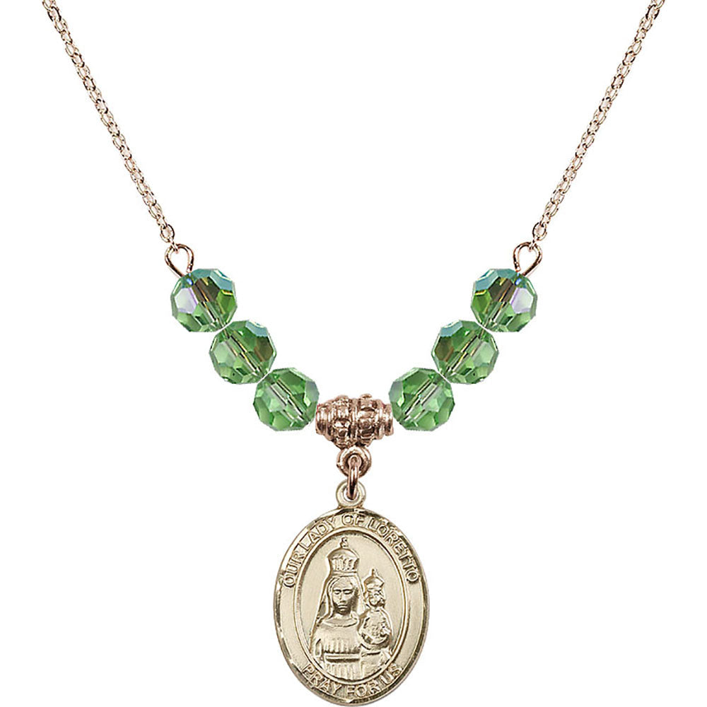 14kt Gold Filled Our Lady of Loretto Birthstone Necklace with Peridot Beads - 8082