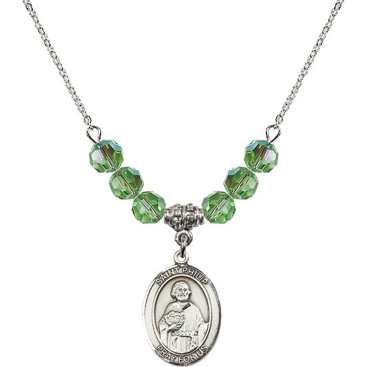 Sterling Silver Saint Philip the Apostle Birthstone Necklace with Peridot Beads - 8083