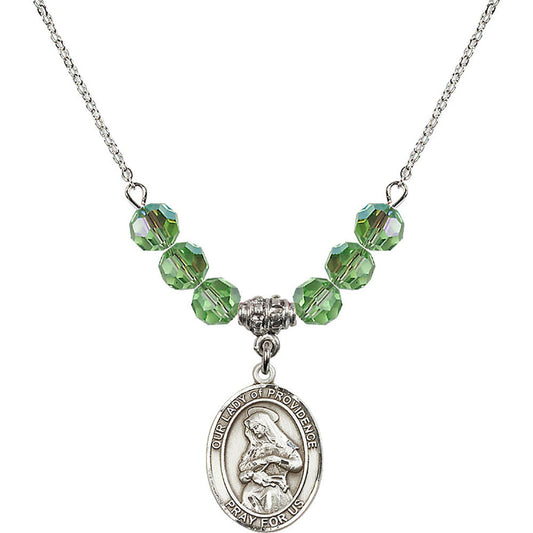 Sterling Silver Our Lady of Providence Birthstone Necklace with Peridot Beads - 8087