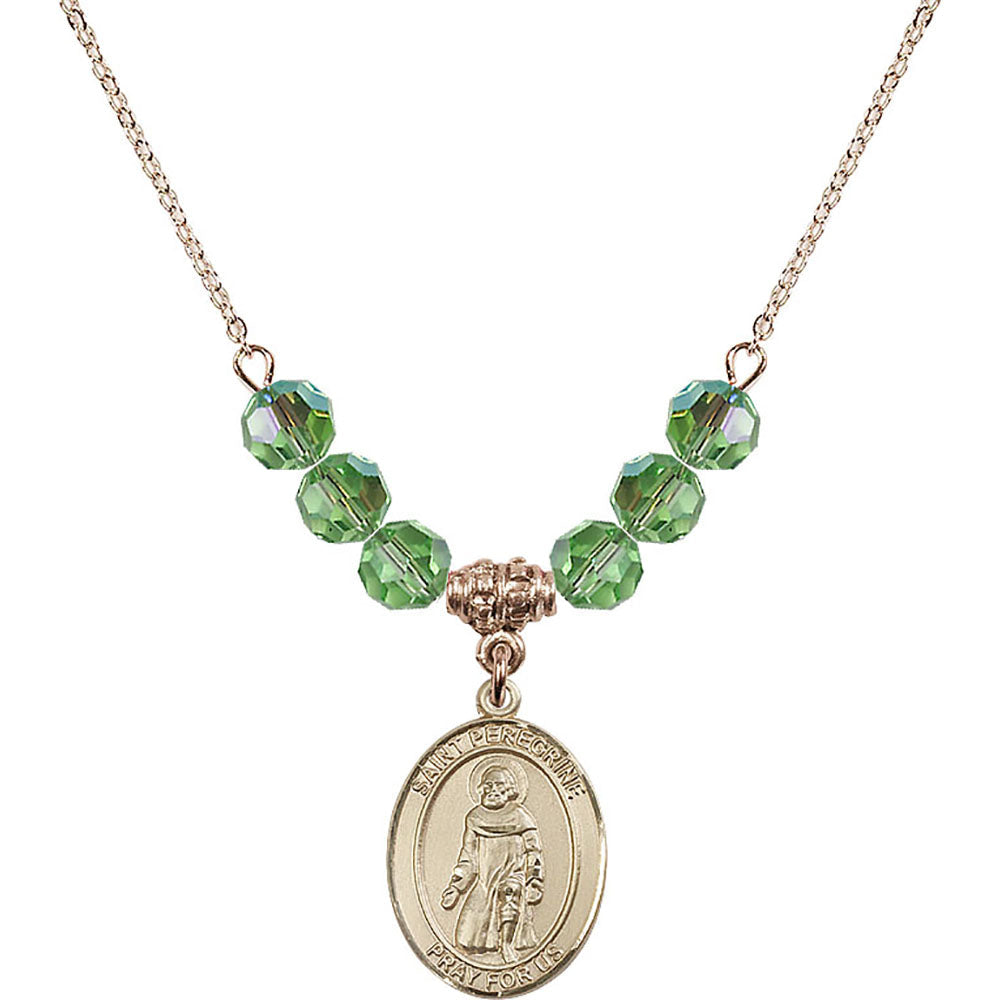 14kt Gold Filled Saint Peregrine Laziosi Birthstone Necklace with Peridot Beads - 8088