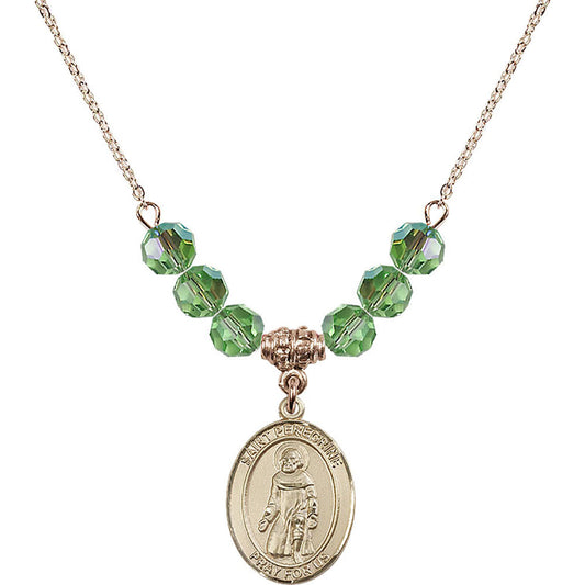14kt Gold Filled Saint Peregrine Laziosi Birthstone Necklace with Peridot Beads - 8088