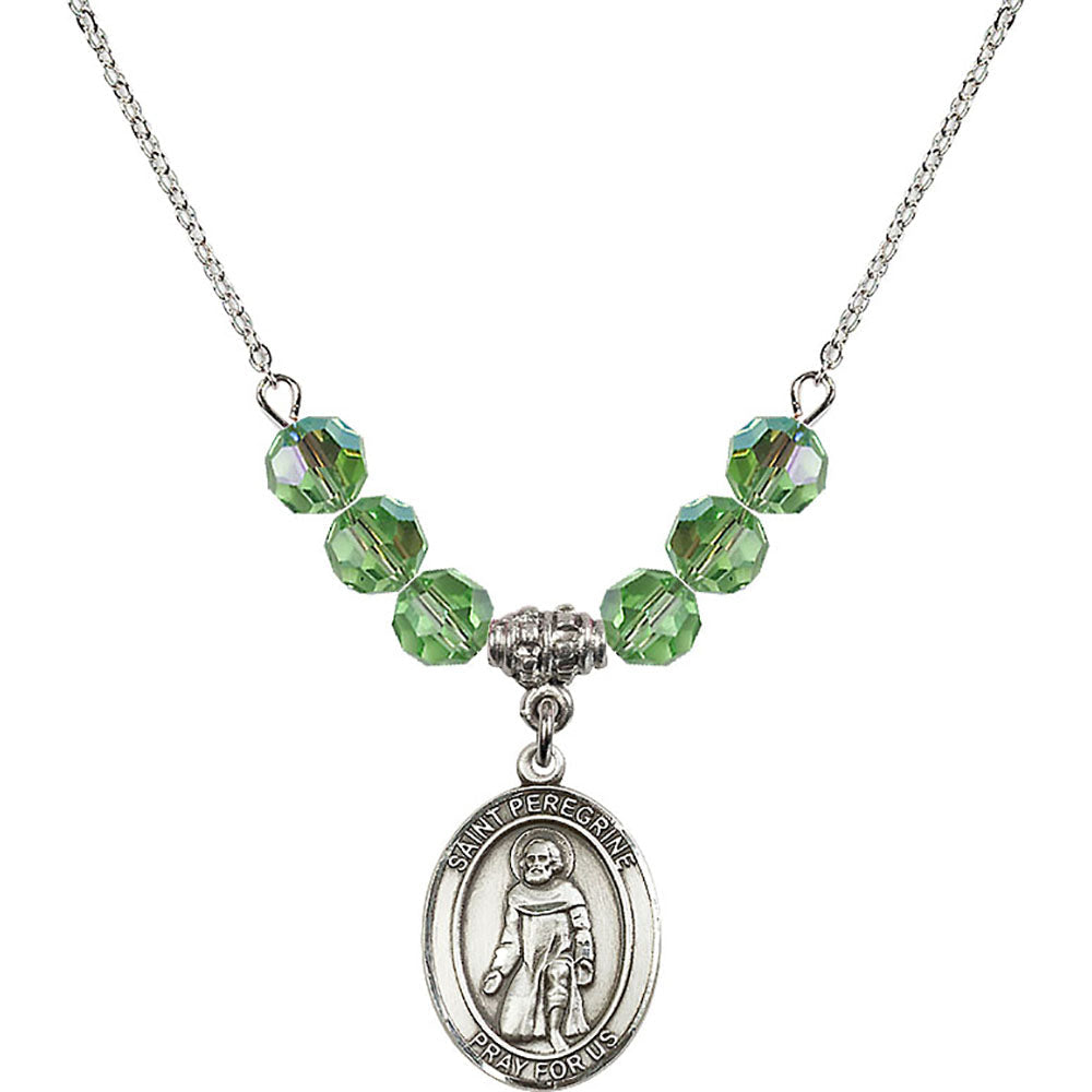 Sterling Silver Saint Peregrine Laziosi Birthstone Necklace with Peridot Beads - 8088