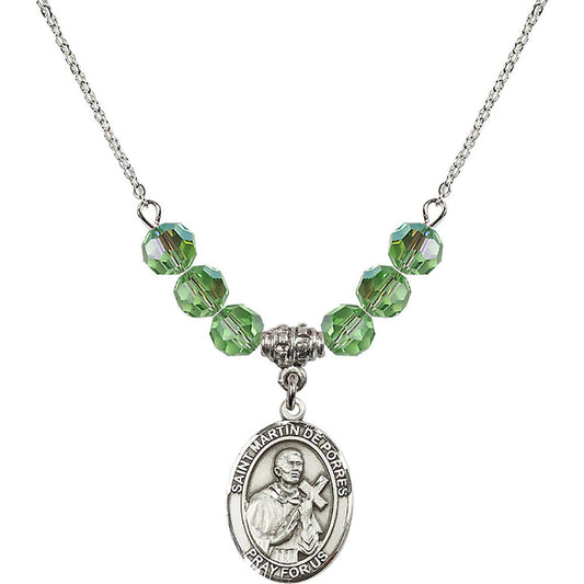Sterling Silver Saint Martin de Porres Birthstone Necklace with Peridot Beads - 8089