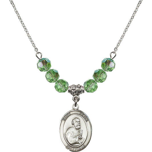 Sterling Silver Saint Peter the Apostle Birthstone Necklace with Peridot Beads - 8090