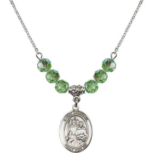 Sterling Silver Saint Raphael the Archangel Birthstone Necklace with Peridot Beads - 8092