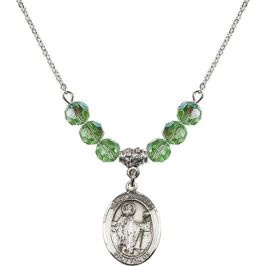 Sterling Silver Saint Richard Birthstone Necklace with Peridot Beads - 8093