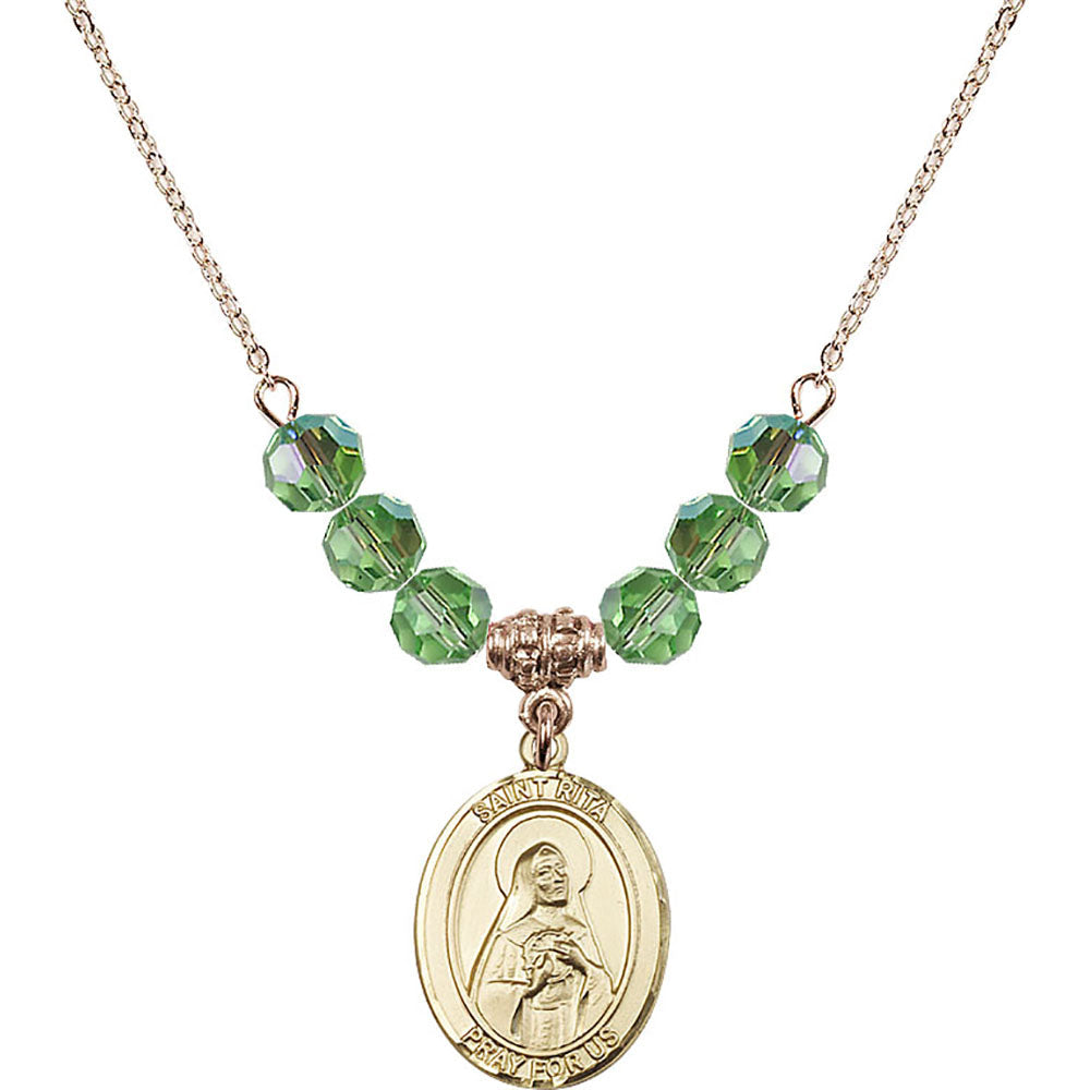 14kt Gold Filled Saint Rita of Cascia Birthstone Necklace with Peridot Beads - 8094