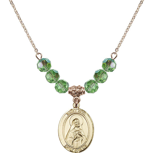 14kt Gold Filled Saint Rita of Cascia Birthstone Necklace with Peridot Beads - 8094