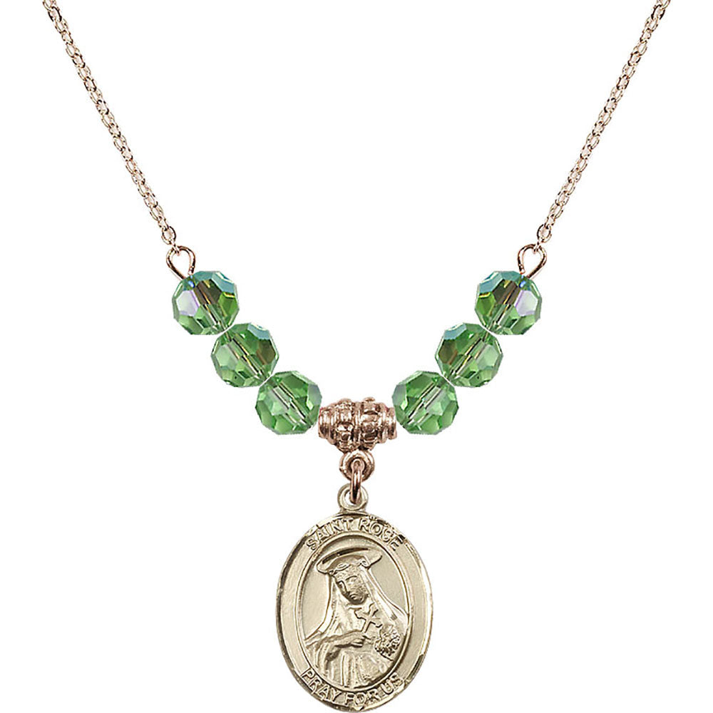 14kt Gold Filled Saint Rose of Lima Birthstone Necklace with Peridot Beads - 8095