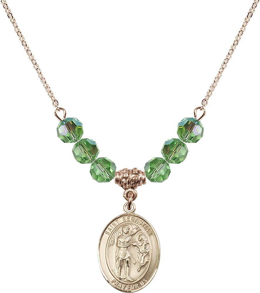 14kt Gold Filled Saint Sebastian Birthstone Necklace with Peridot Beads - 8100