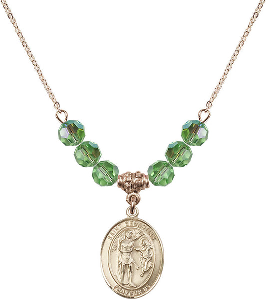 14kt Gold Filled Saint Sebastian Birthstone Necklace with Peridot Beads - 8100