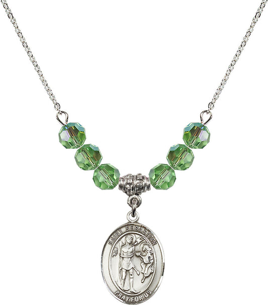 Sterling Silver Saint Sebastian Birthstone Necklace with Peridot Beads - 8100