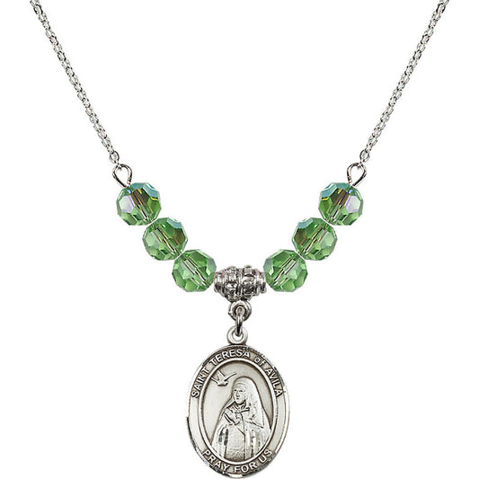 Sterling Silver Saint Teresa of Avila Birthstone Necklace with Peridot Beads - 8102
